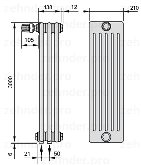 Схема (чертеж) Радиатор Zehnder Charleston 6300/3 №V001 Белый глянцевый RAL 9016